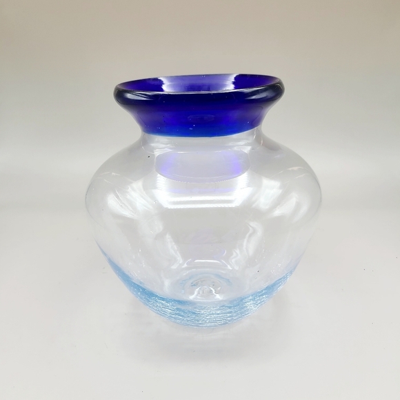 Other - Clear Glass Vase with Cobalt Blue Rim & Handblown Crackled Bottom